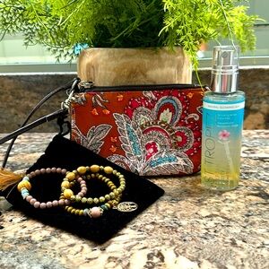 Boho 6 piece bundle beaded pouch wristlet, St Tropez face spray, tree of life